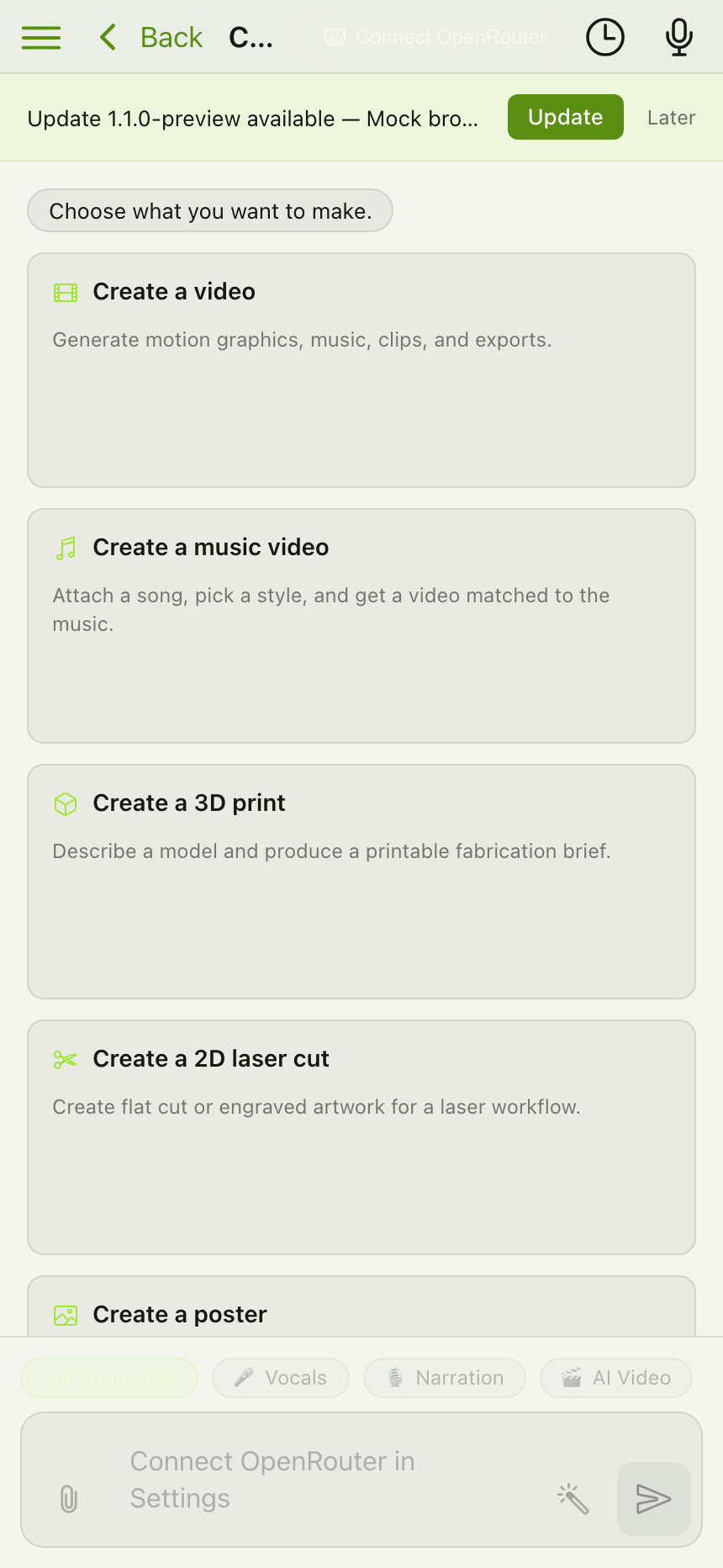 Omnimaker's new-chat screen listing creation kinds such as Video, Poster, Website, Comic book and Mini app